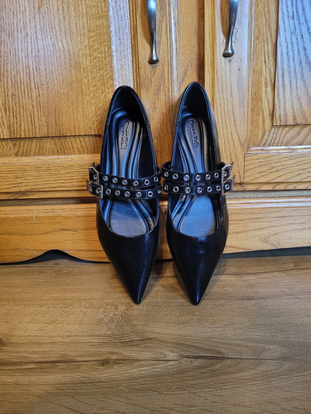 Open Edit Womens Size 6M Oriana Pointed Toe Mary Jane Flat Black Patent Buckles